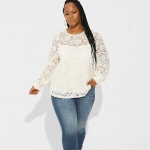 Torrid - Stretch Lace And Mesh Crew Neck Long Sleeve Top in Pristine White​​​